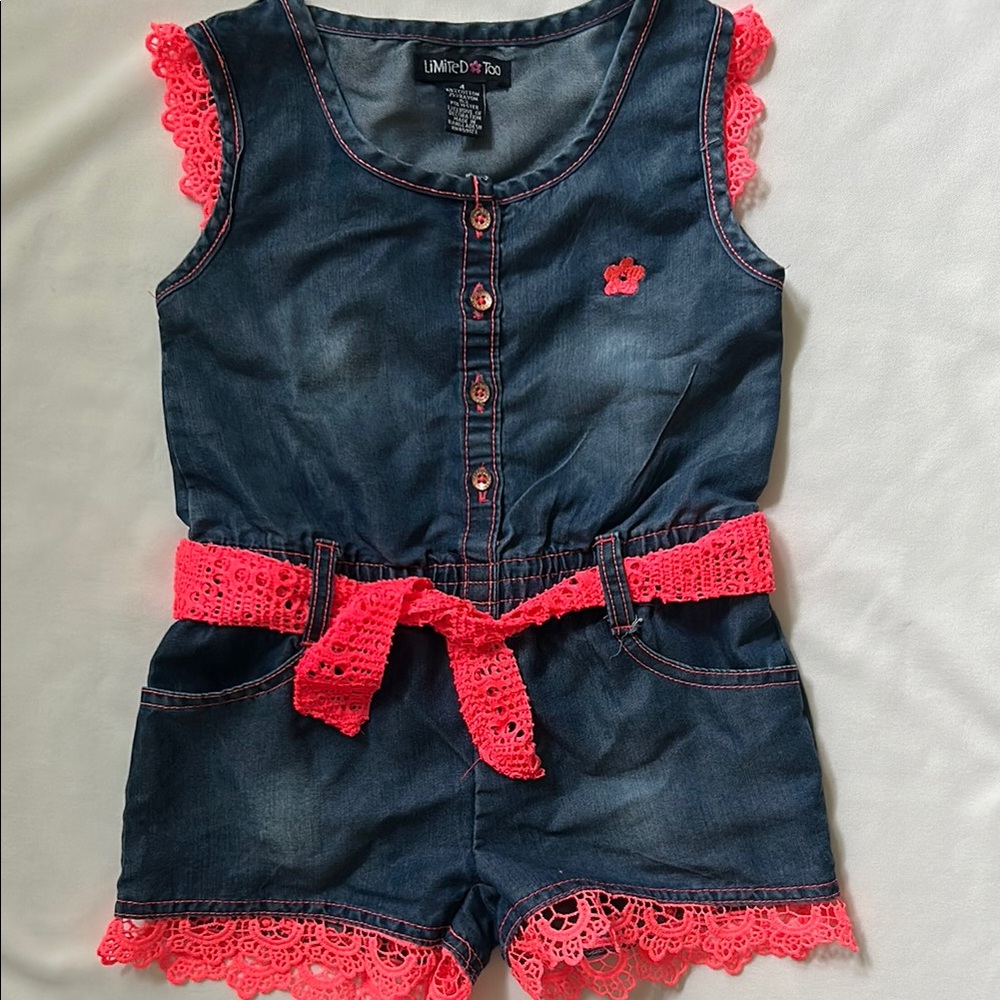 Limited Too Denim Romper with Pink Lace Trim